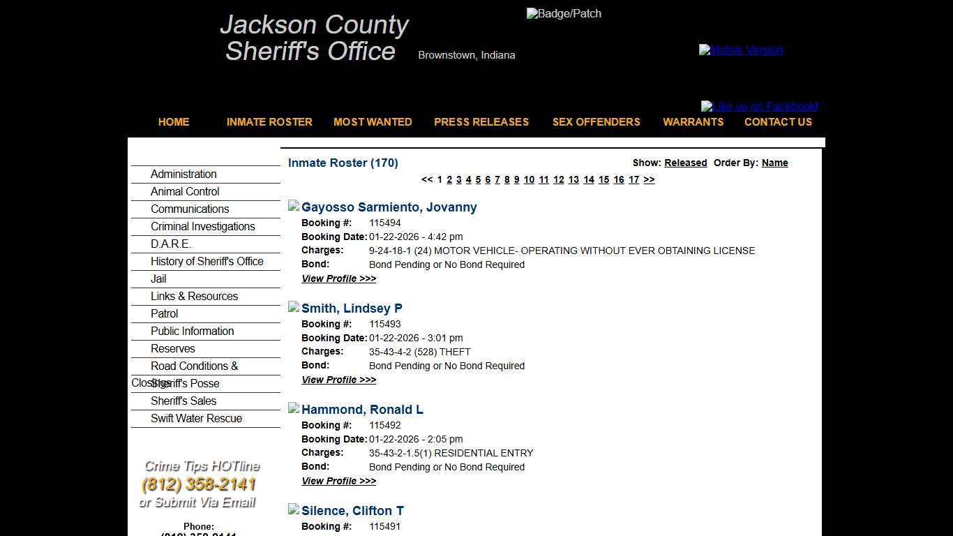 Inmate Roster - Current Inmates Booking Date Descending - Jackson County IN Sheriff