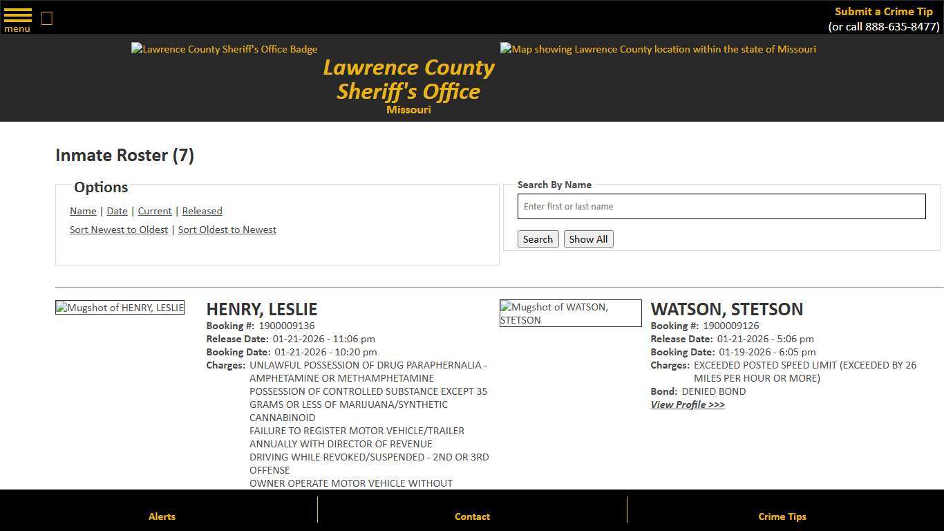 Inmate Roster - Released Inmates Booking Date Descending - Lawrence County Sheriff MO
